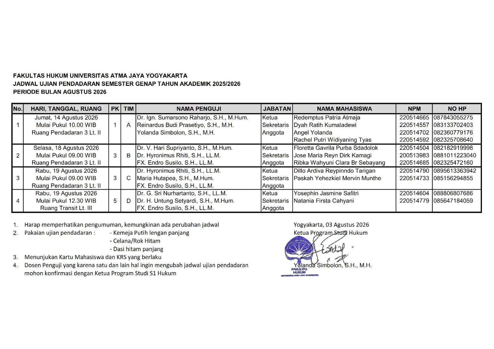 Jadwal Pendadaran Periode Bulan Agustus 2026. Image